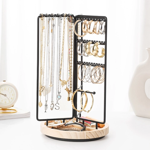 Rotating Jewelry Display Stand Metal Iron Wood Storage Rack Multi Tier Necklace Hooks Earring Holes Desktop Organizer