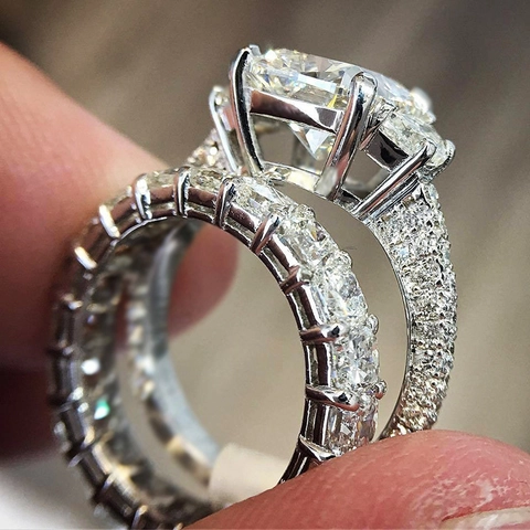 Smaragdschliff Zirkonia Verlobungsring Und Passender Band Kupfer Luxus Mode Für Frauen