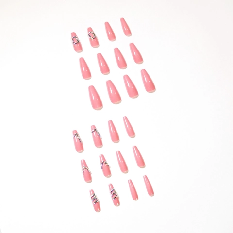 Press On Nails Pink Long Coffin Ballerina False Nails Glossy With AB Rhinestone LOVE Letter Decor For Women