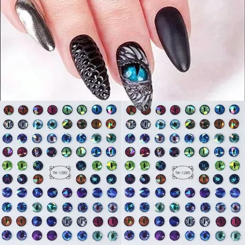 3D Dragon Eye Nail Art Stickers Self Adhesive Heart Star Snake Butterfly Checkerboard Holographic Metallic DIY
