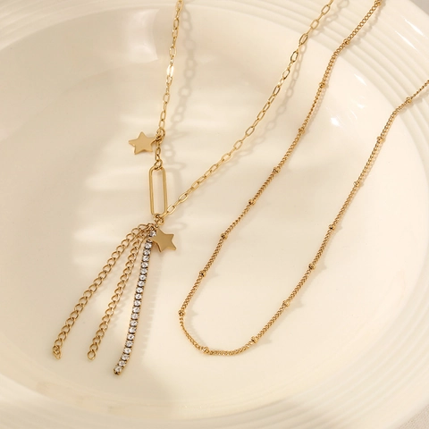 Stainless Steel Star Pendant Rhinestone Tassel Double Layer Necklace And Beaded Bracelet Vintage Jewelry For Women
