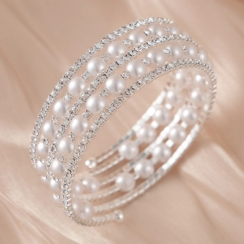 Brazalete De Puño Multicapa Strass Perla Artificial De Imitacion Aleacion Diseño Abierto Corazon Xoxo Boda Fiesta Joyeria Elegante Para Mujer