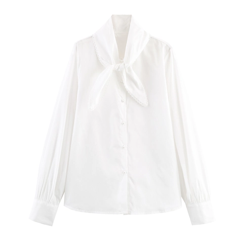 Camicetta Bianca Maniche Lunghe Poliestere Collo Con Fiocco Pizzo Bottoni Perla Artificial Top Elegante Dolce Donna