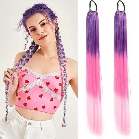 Extensión De Pelo Coleta Degradado Fibra Sintética De Alta Temperatura Satén Láser Cabello Trenzado Para Mujeres Y Niñas