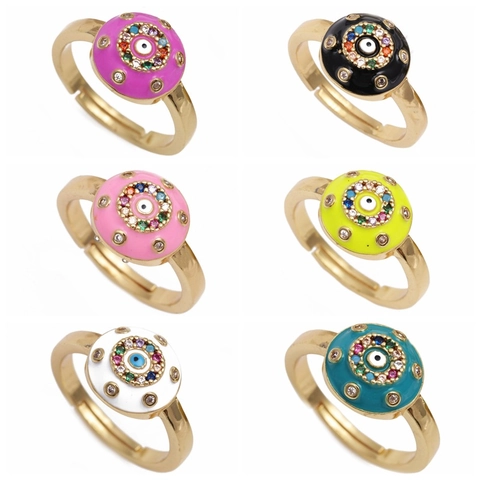 Evil Eye Ring Gold Vergoldet Kupfer Bunte Emaille Zirkonia Verstellbar Offener Ring Für Damen Geometrischer Schmuck