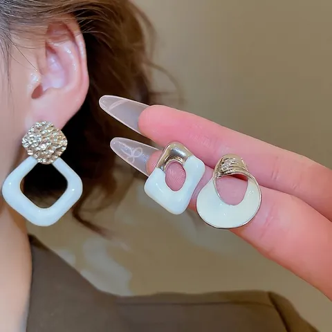 Geometrische Vierkante Hangoorbellen Legering Emaille Met 925 Sterling Zilveren Oorknopjes Vintage Textuur Dames Sieraden