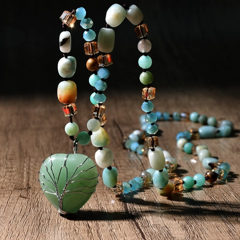 Collier Long Perlé Noué En Amazonite Vintage Pour Femmes Pendentif Arbre De Vie En Aventurine Verte Fait À La Main Chaîne De Pull En Cristal