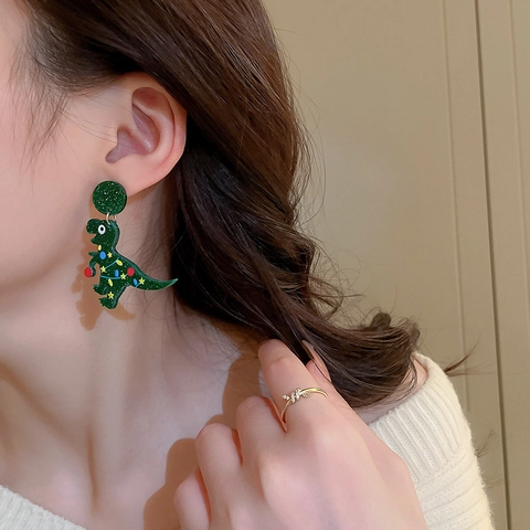 Dinosaur Earrings With 925 Sterling Silver Earring Post Acrylic Glitter Green Christmas Hat Festive Jewelry For Women