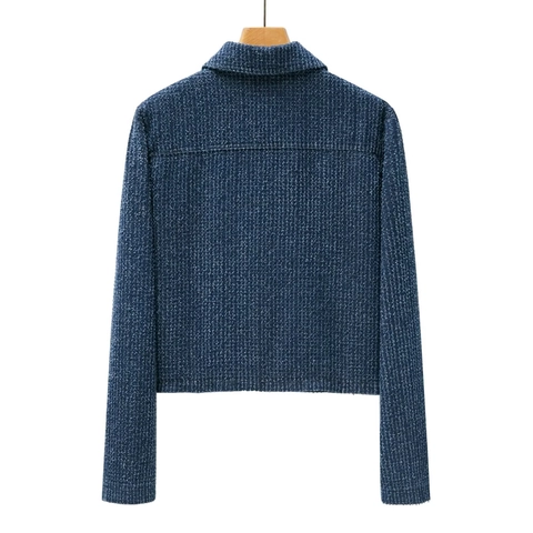 Women Tweed Long Sleeve Jacket And Mini Skirt Sea Blue Elegant Textured French Style Casual Outfit