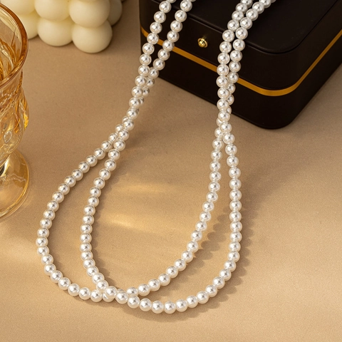 Elegante Collar De Perlas Artificiales Largo De Doble Capa Para Mujer Cobre Perla Artificial Redonda Imitación Lujo Moda Cadena De Jersey Joya