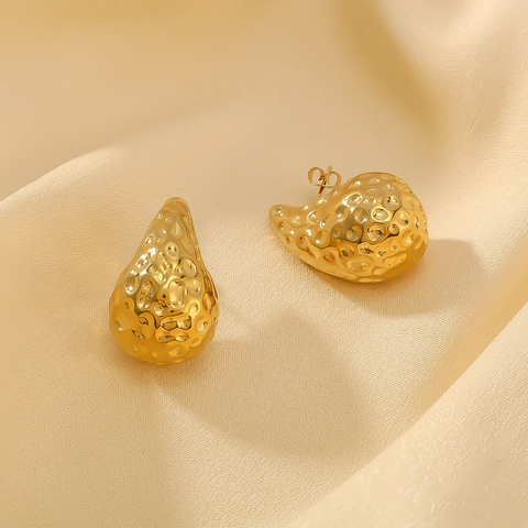 Hammered Teardrop Earrings 18K Gold Plated Stainless Steel Vintage Geometric Chunky Stud Jewelry For Women Ins Style