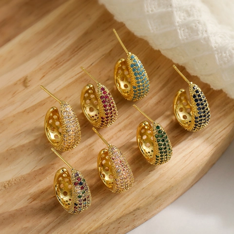 Geometric C Shape Stud Earrings For Women Copper Gold Plated With Colorful Cubic Zirconia Pave Retro Luxury Jewelry Accessory