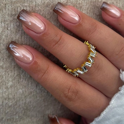 Gradient Brown Nude Press On Nails Square Full Cover Artificial Fingertips Autumn Winter Daily Wear
