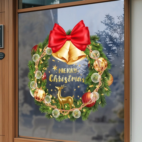Christmas Wreath Window Sticker Static Cling PVC Double Sided Merry Christmas Garland Bell Reusable Glass Door Decal Decor