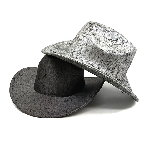 Western Cowboyhoed Metallic Gebarsten Textuur Brede Rand Jazz Fedora Voor Punk Party Podium Performance Unisex Polyester
