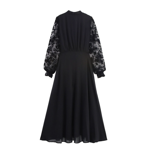 Polyester Lace Patchwork Long Sleeve Maxi Dress Bow Tie Collar Elegant French Style High Waist Solid Color For Women