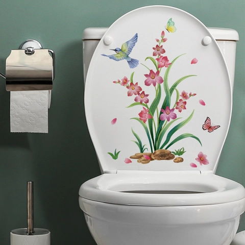 Watercolor Flower Vine Bird Butterfly Toilet Lid Sticker Waterproof Removable PVC Bathroom Wall Decal Home Art Decor