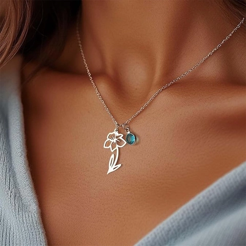 Collana con Pendente Fiore di Nascita in Acciaio Inossidabile Con Strass Per Donna Compleanno Anniversario Gioielli Regalo Catena Clavicola