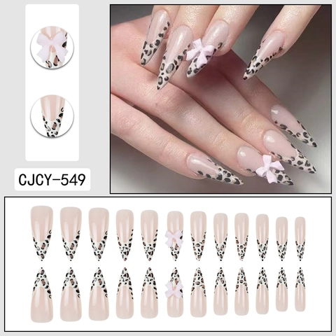 Uñas Postizas Stiletto Largas French Tip Leopardo Lazo Rosa 3D Uñas Artificiales Para Mujeres Estilo Francés
