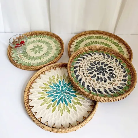 Round Rattan Woven Tray With Shell Mosaic Inlay Decorative Serving Platter For Fruit Snacks Bohemian Home Decor
