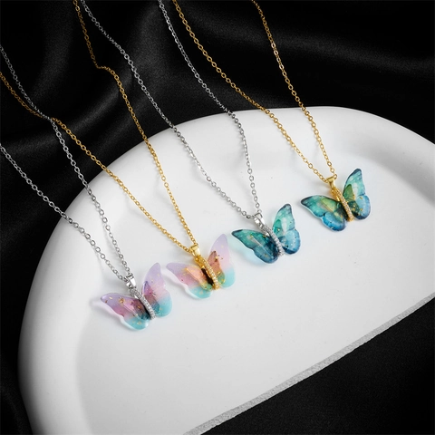 Collana Con Pendente A Farfalla Rame Zircone Resina Sfumata Catena In Acciaio Al Titanio Gioielli Eleganti Da Donna