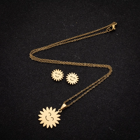 Stainless Steel Necklace Earrings Jewelry Sets Hollow Heart Music Note Geometric Moon Phase Hamsa Hand Cross Flower Women