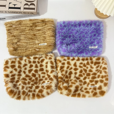 Borsa Per Cosmetici In Peluche Con Stampa Leopardata Astuccio Per Rossetto In Pelliccia Sintetica Organizzatore Trucco Da Viaggio Per Donna