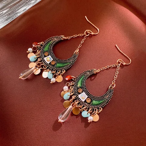Bohemian Ethnic Moon Tassel Dangle Earrings Alloy Enamel Rhinestone Resin Retro Vintage Jewelry For Women