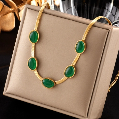 Collier Bracelet Boucles d'Oreilles en Acier Inoxydable Strass Vert Vintage pour Femmes Collection de Bijoux Plaqués Or