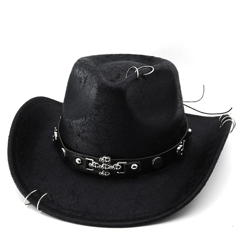 Chapeau De Cowboy Occidental Daim Synthétique Anneaux Métalliques Crâne Rivets Style Punk Gothique Accessoires Fête