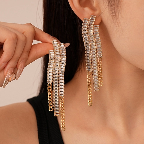Boucles D'oreilles Pendantes Longues À Pampilles En Zircone Cubique Géométrique Avec Tige En Argent Cuivre Bijoux De Luxe Pour Femmes