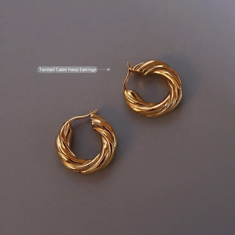 Chunky Twisted Hoop Earrings Stainless Steel 18K Gold Plated Geometric Cable Fashion Jewelry For Women