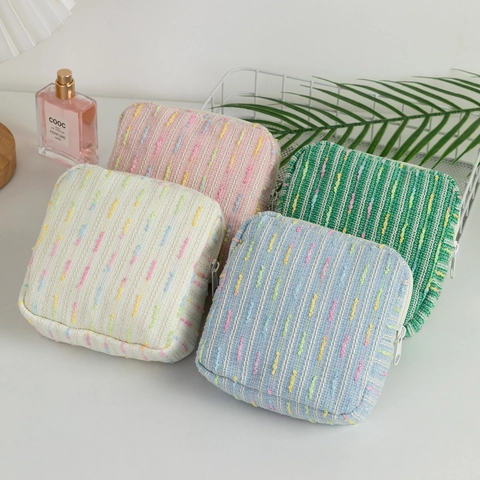 Gestreifte Strick Tweed Kosmetiktasche Tragbare Quadratische Aufbewahrungstasche Für Damenbinden Reise Make Up Organizer