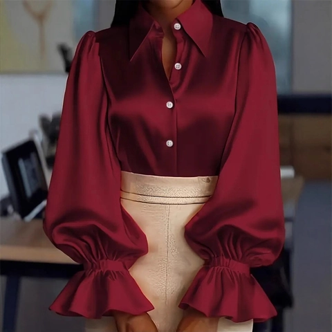 Elegant Satin Long Sleeve Blouse Women Lapel Button Up Shirt Puff Lantern Sleeve Ruffle Cuff Solid Color Top Office Lady