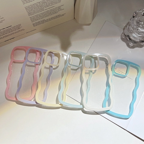 Wave Border TPU Phone Case For iPhone 16 15 14 13 12 Pro Max Candy Color Soft Shockproof Clear Back Cover Women Fashion Shell