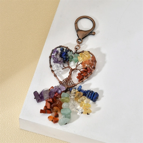 Tree Of Life Hanging Ornament Keychain Natural Crushed Stones Copper Wire Heart Round Shape Colorful Chakra Car Bag Decor