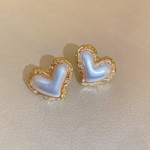 Heart Stud Earrings Copper Gold Plated Ruffled Texture With Faux Artificial Pearl And 925 Sterling Silver Earring Post For Women
