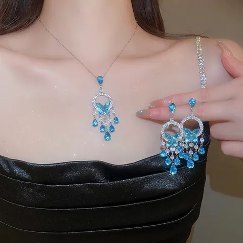 Set Collana E Orecchini Farfalla Nappa Rame Zircone Goccia D'acqua Gemma Blu Elegante Francese Lusso Vintage