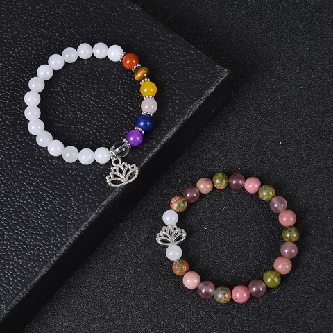 Natural Stone Beaded Bracelet With Alloy Lotus Pendant Energy Crystal 7 Chakras Yoga Meditation For Anxiety Stress Relief