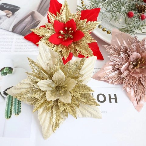 Artificial Christmas Poinsettia Flowers Glitter Fabric Floral Decorations For Christmas Tree Wreath Holiday Ornament