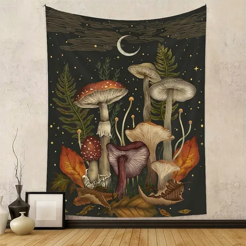 Tapiz De Pared Bosque De Hongos Estética Bohemia Luna Estrellas Fibra De Poliéster Decoración De Habitación Vintage