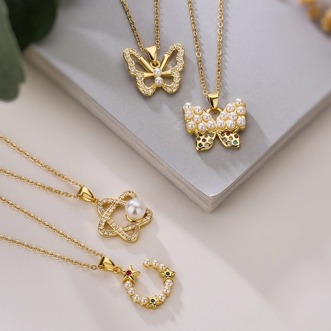 Butterfly Star Pendant Necklace Copper Gold Plated With Zircon Imitation Artificial Pearl Clavicle Chain Jewelry For Women Girls