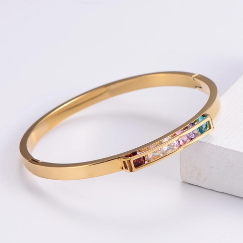 Bracciale Rigido In Acciaio Inossidabile Con Pietre Di Zirconia Colorate Gioielli In Stile Coreano Minimalista Di Lusso Per Donne