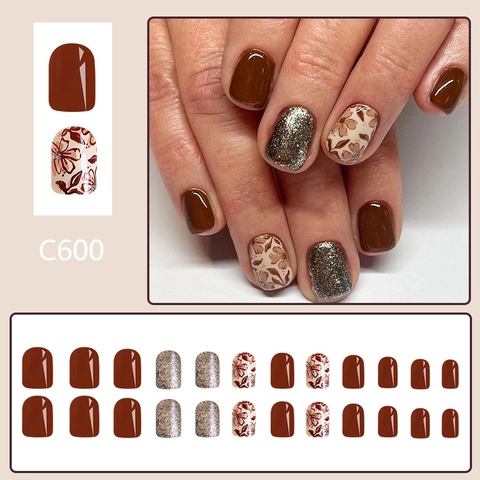 Glänzende Kurze Künstliche Fingernägel Zum Aufdrücken Quadratisch Oval Blumenmuster Glitzer Braun Gold Beige Für Frauen