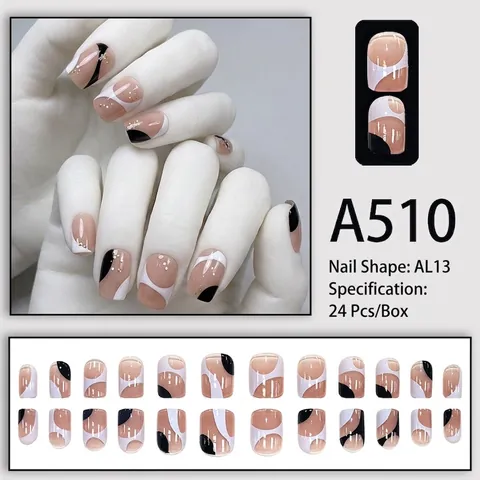 Press On Nagels Kort Vierkant Rond Geometrisch Patroon Marmeren Textuur Nude Roze Basis Minimalistisch Elegant Voor Vrouwen