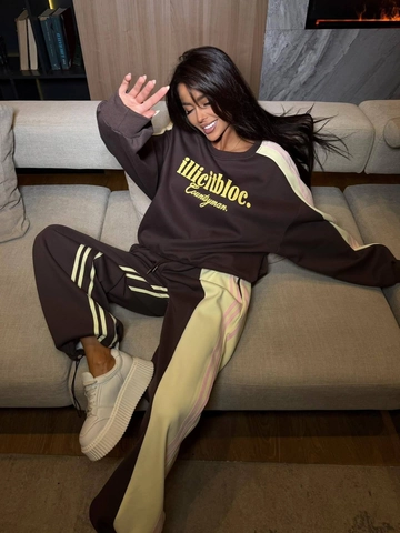 Dames Streetwear Sweatshirt En Broek Casual Katoenmix Zijstrepen Letterprint Color Block Lange Mouwen Joggers