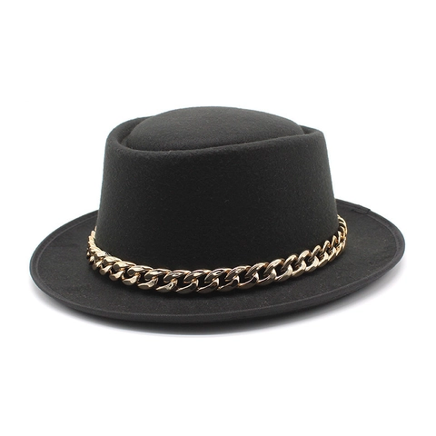 Chapeau Fedora En Feutre De Laine À Toit Plat Chaîne En Métal Doré Bord Large Style Britannique Élégant Accessoires Femmes