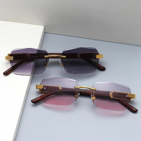 Rimless Square Sunglasses With Metal Bridge And Wood Grain Temples Gradient Lens UV Protection Retro Hip Hop Style