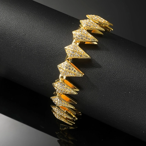 Men Hip Hop Cuban Chain Bracelet Alloy Rhinestone Geometric Pyramid Spike Personalized Trendy Fashion Jewelry