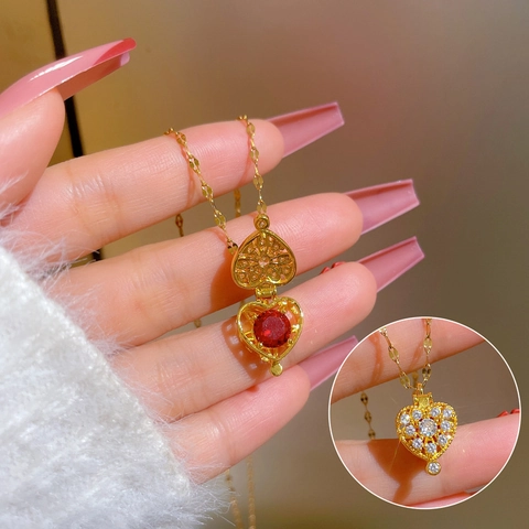 Collar De Relicario De Corazón Acero De Titanio Cobre Circonita Abrir Gema Roja Joyería Elegante Para Mujer